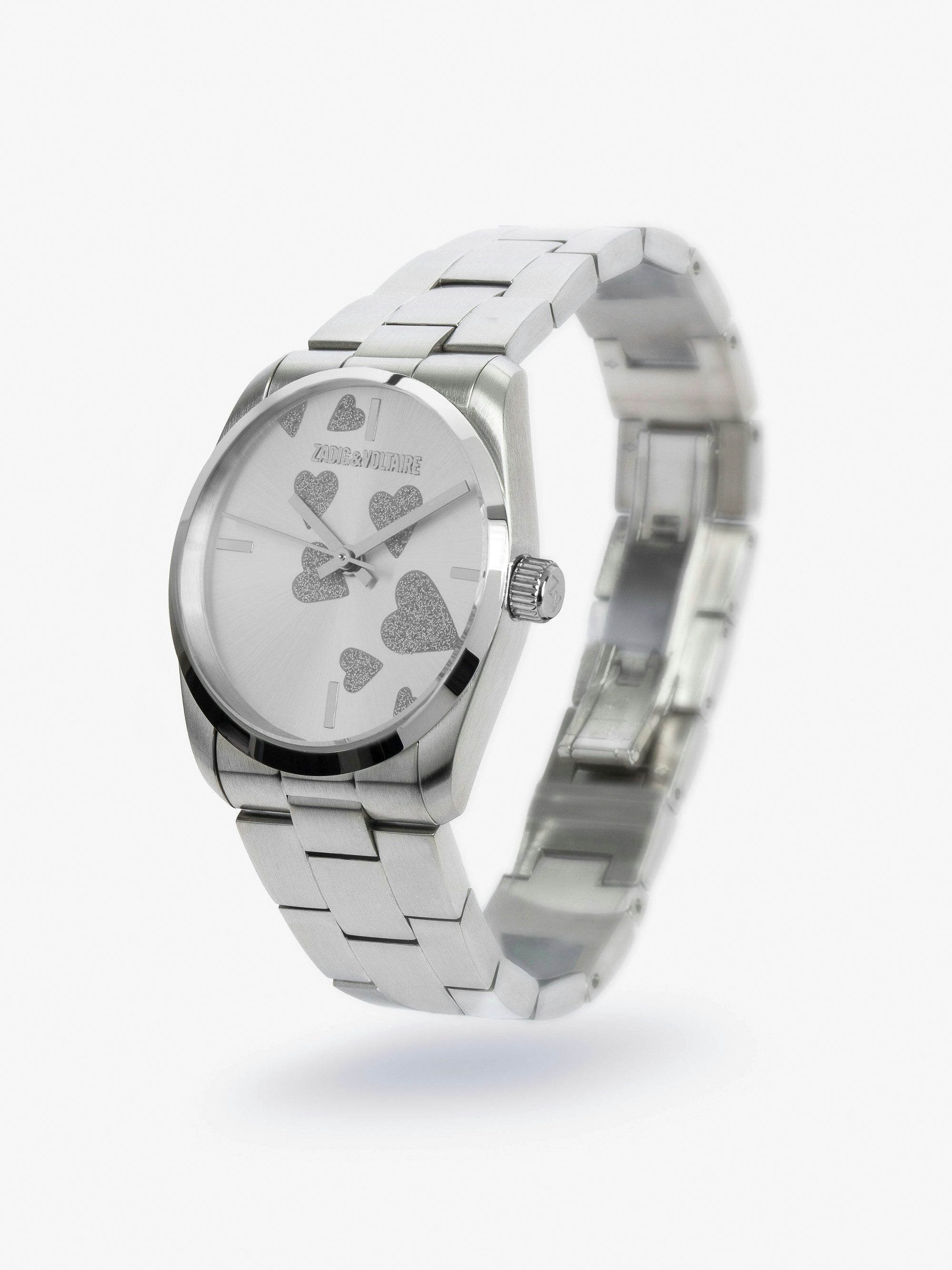 Zadig Strass Heart Watch - Silver toned stainless steel watch with silver diamante hearts on dial.